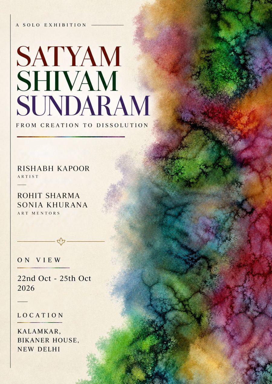 Poster for Satyam Shivam Sundaram, a solo exhibition by Rishabh Kapoor at Kalamkaar, Bikaner House, New Delhi